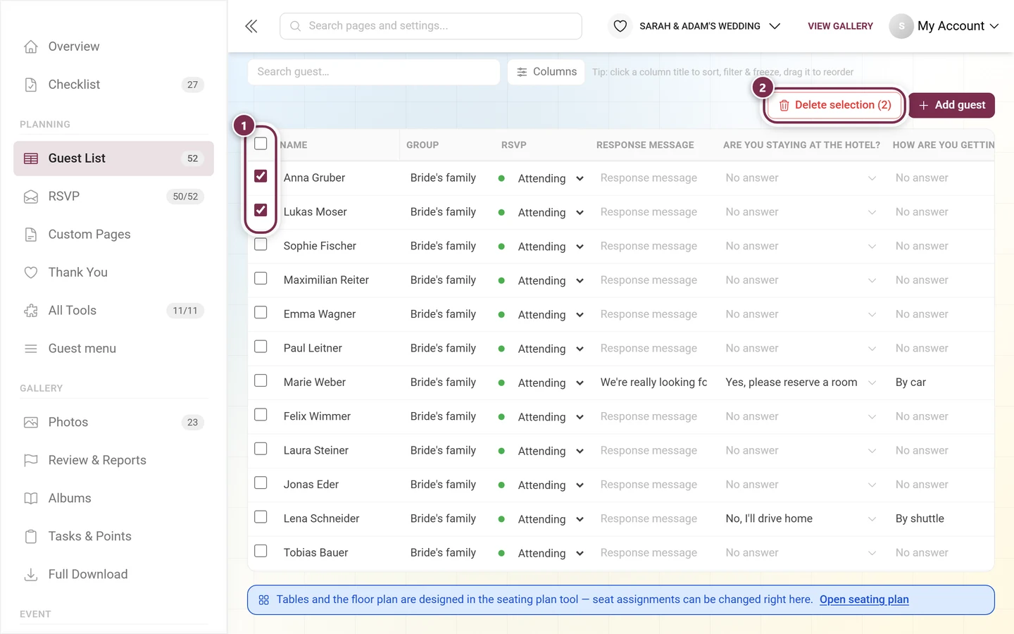Guest list with the tick box column and the delete selection button highlighted