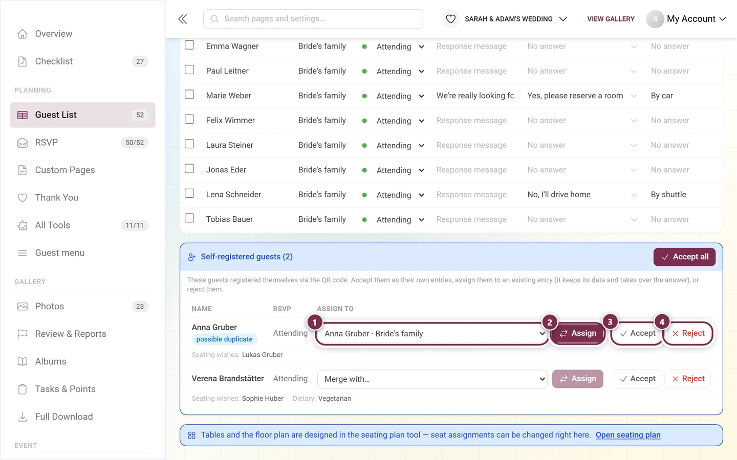 One self-registration entry with the dropdown and the three action buttons highlighted