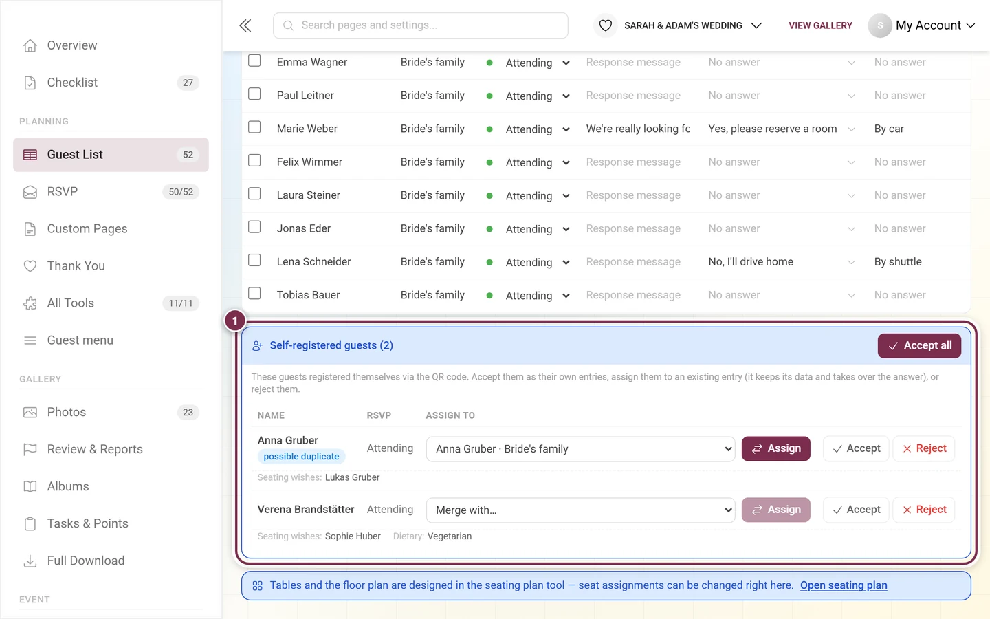 Self-registered guests block below the guest list highlighted