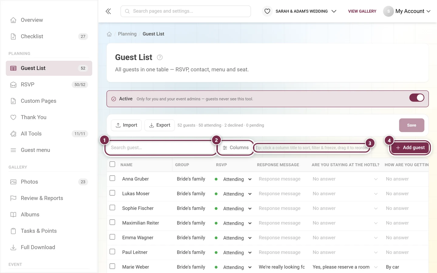 Bar above the table with the search field, columns button, the handling tip and add guest highlighted
