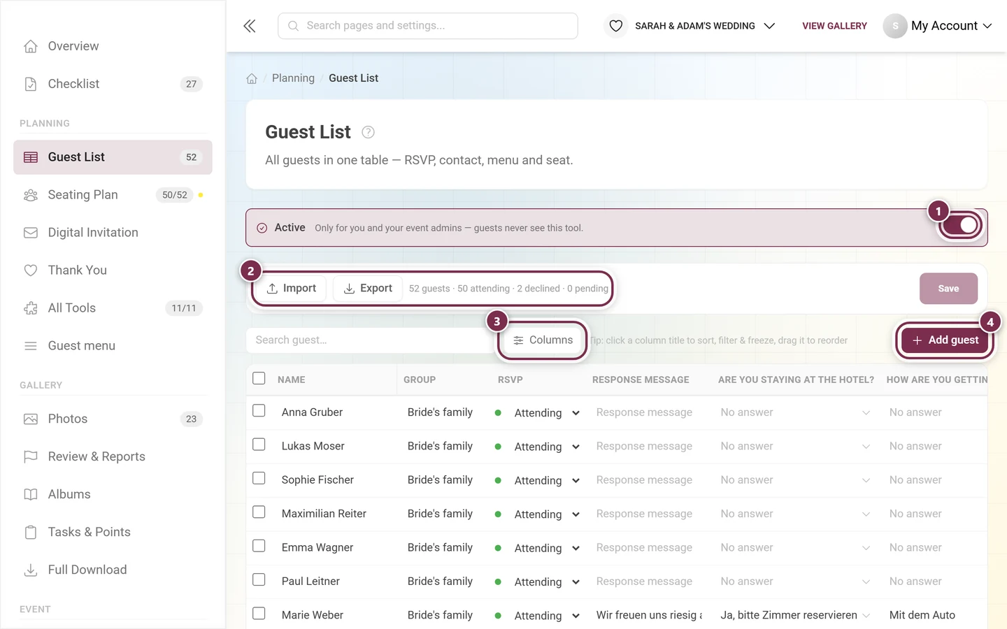 Guest list with the active switch, import and export, the columns button and add guest highlighted