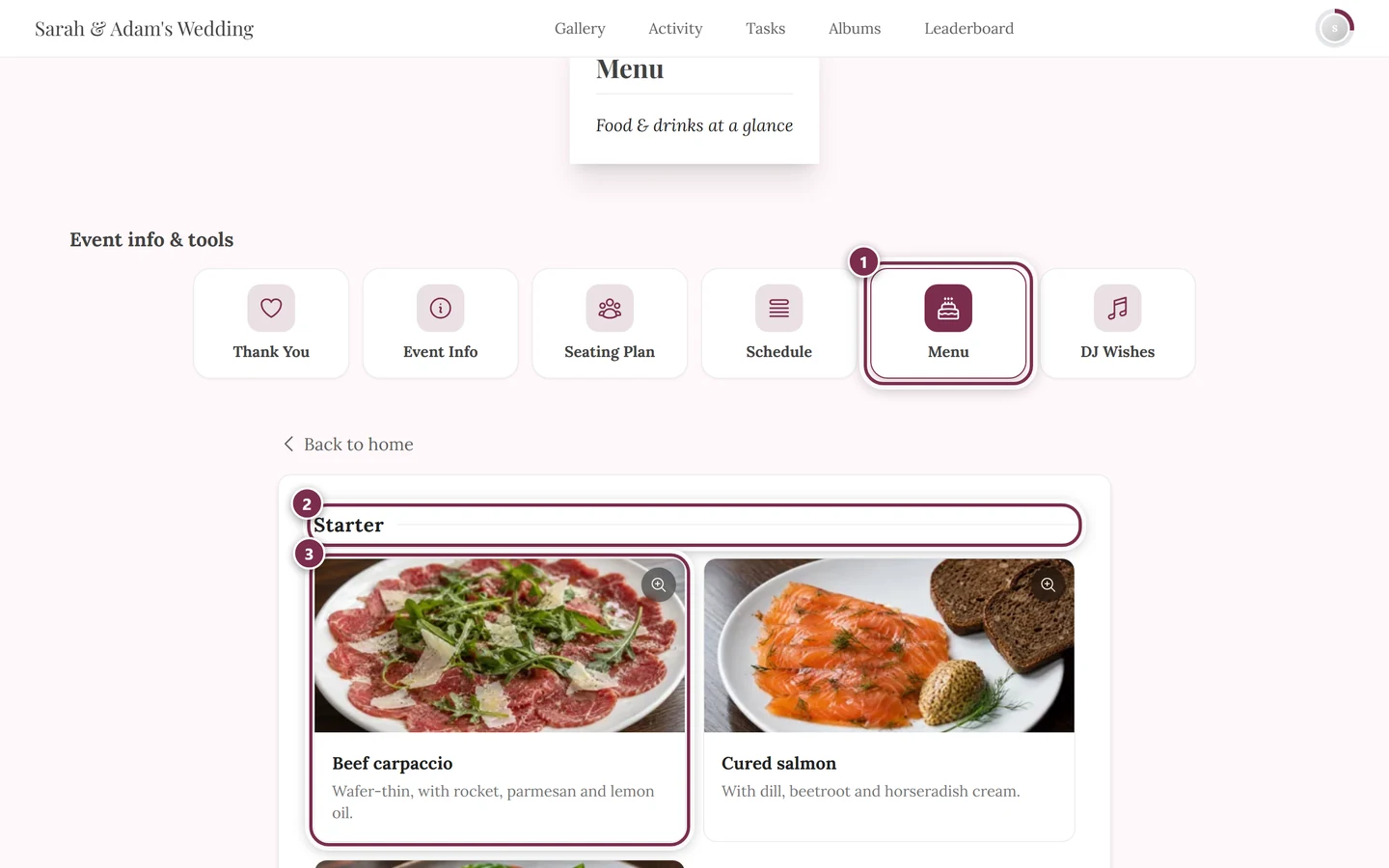 Menu page with courses and dishes