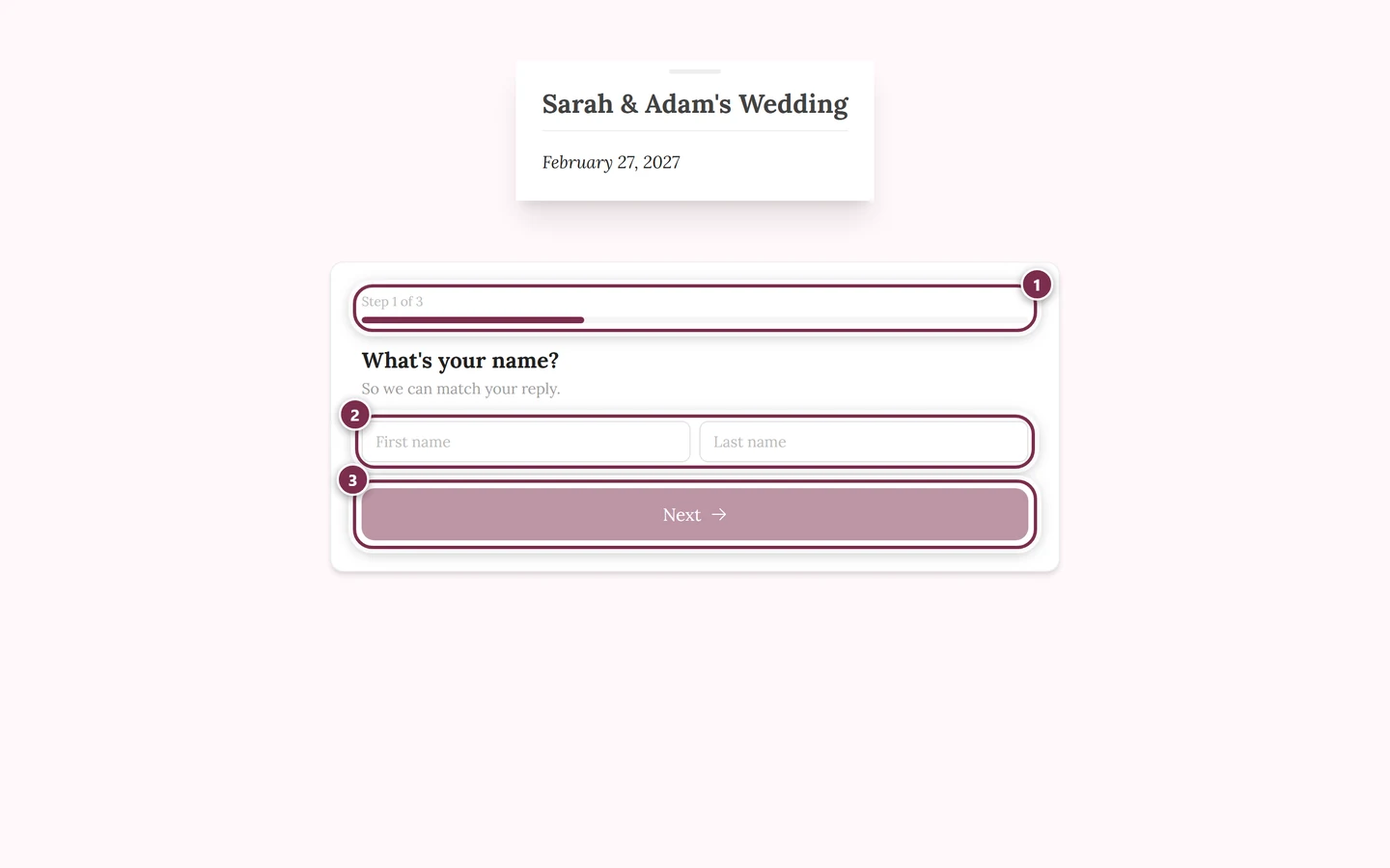The RSVP form from a guest's point of view with the step indicator and the name field