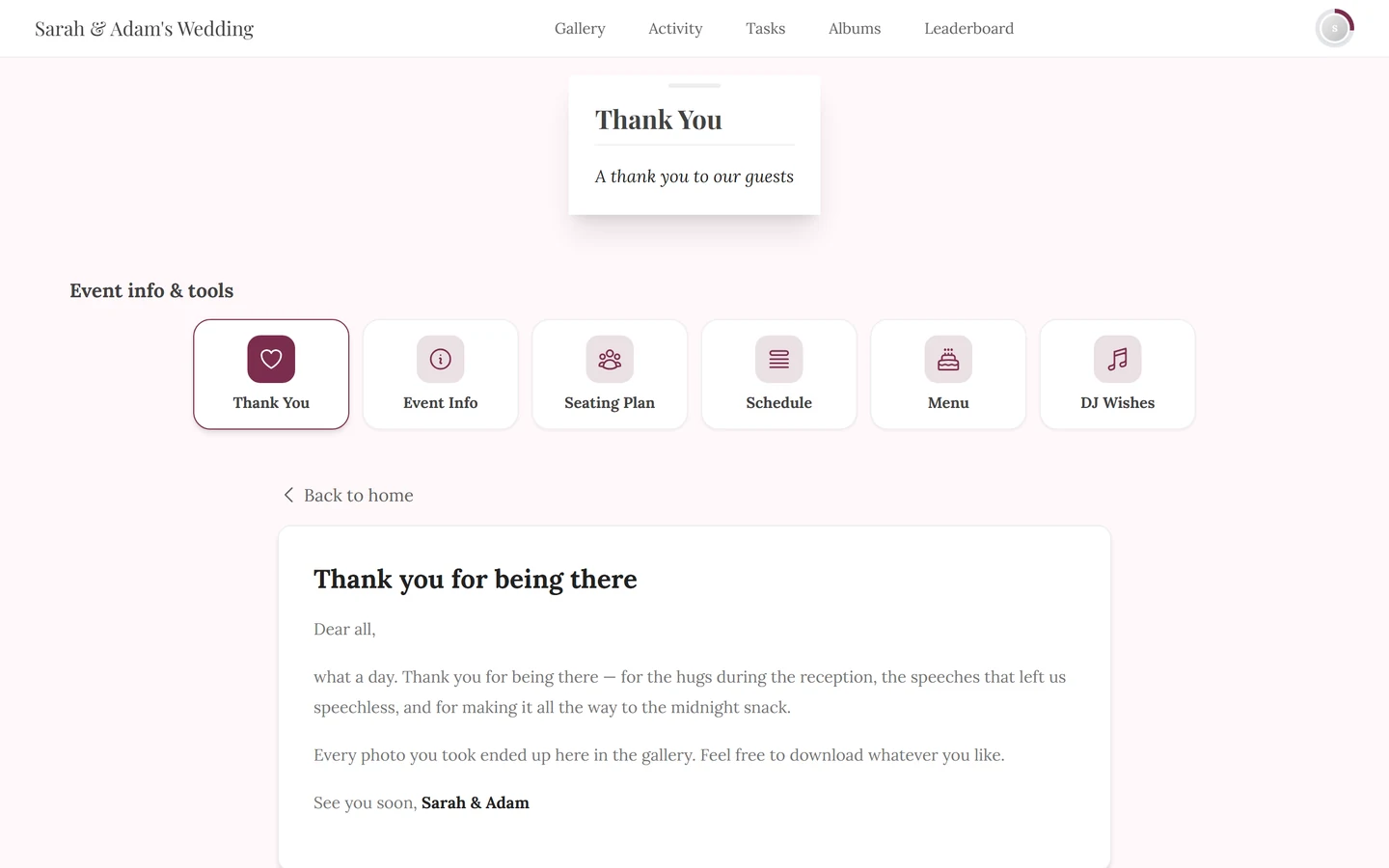 Thank-you note in the guest view with heading, text and the highlighted Thank You tile
