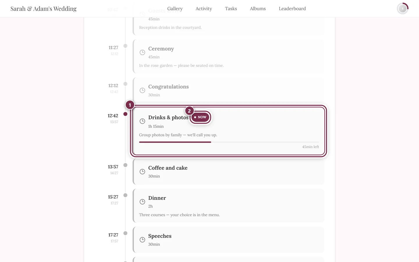Schedule during the event with the running item highlighted and the Now marker