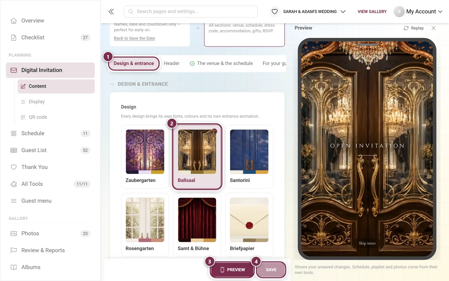 Design & entrance tab with numbered rings around the tab, the chosen design, Preview and Save