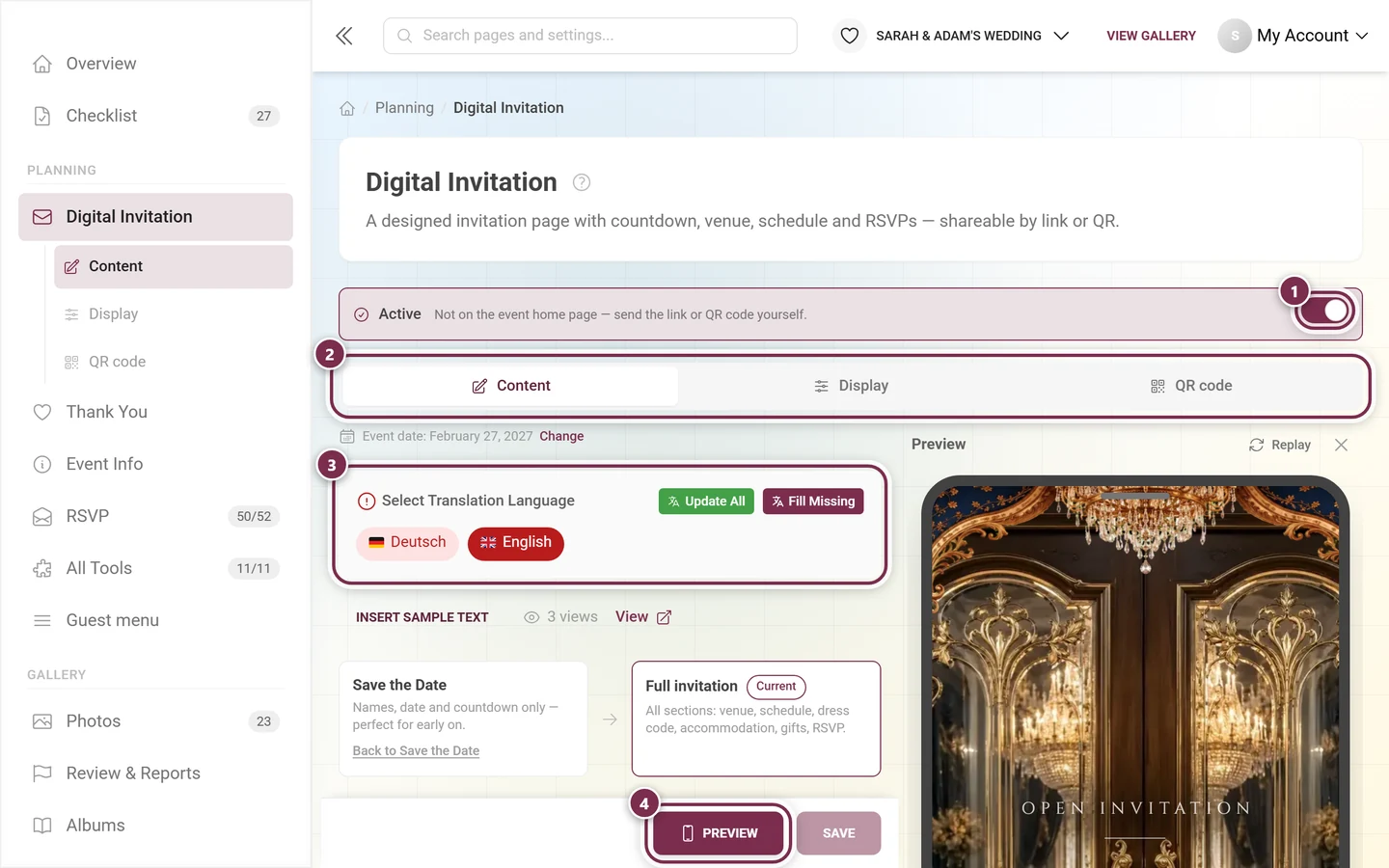 Digital invitation editor with the master switch, tabs, language block and preview button highlighted