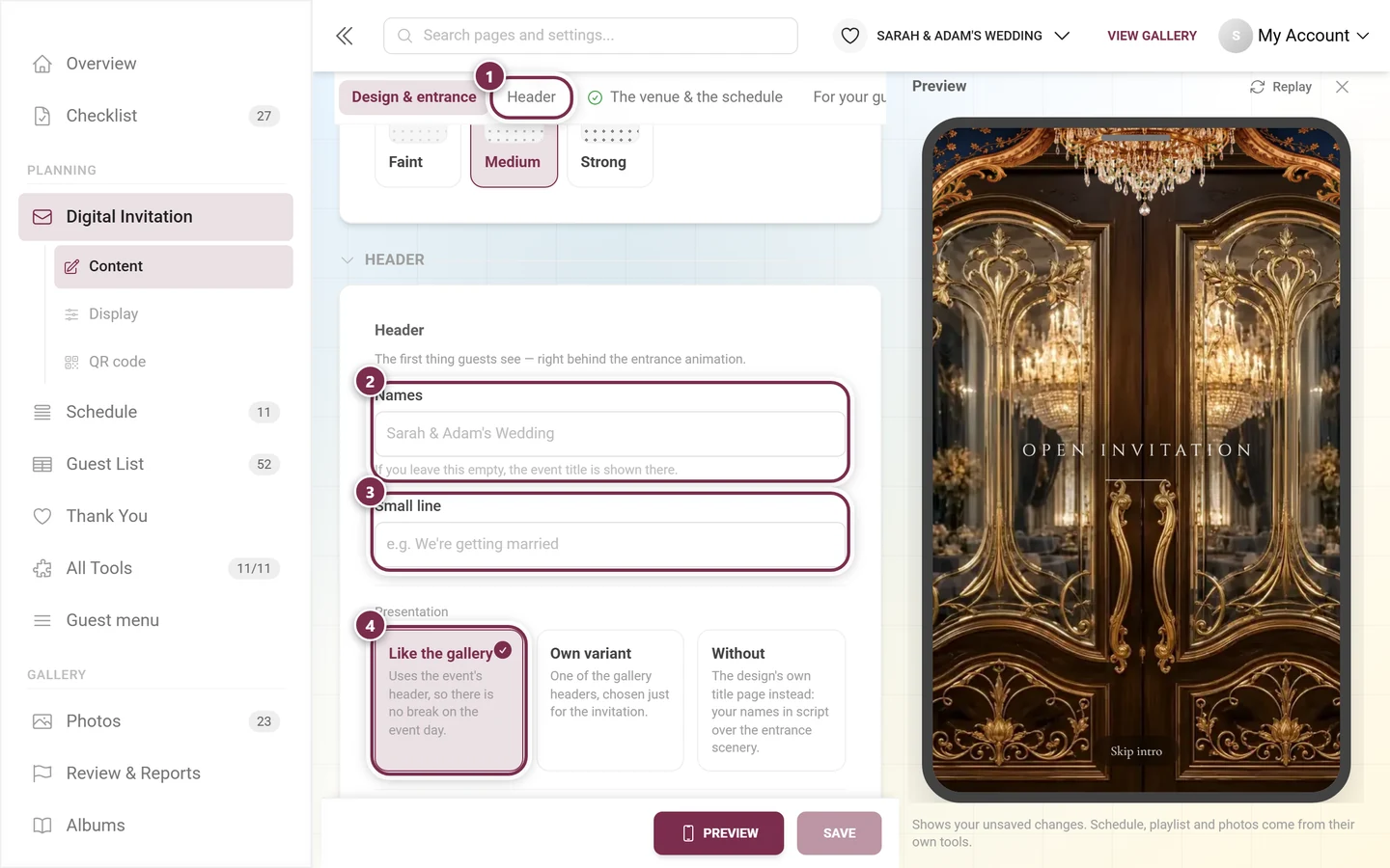 Header tab with numbered rings around the tab, Names, Small line and the presentation