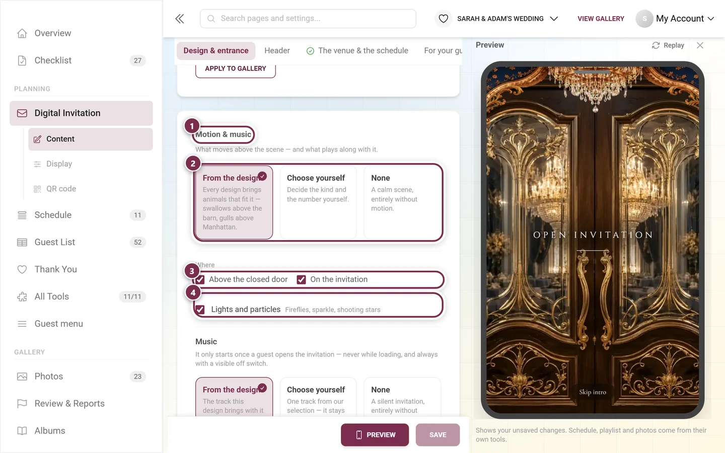 Motion & music section with numbered rings around the heading, the three cards, the Where checkboxes and Lights and particles