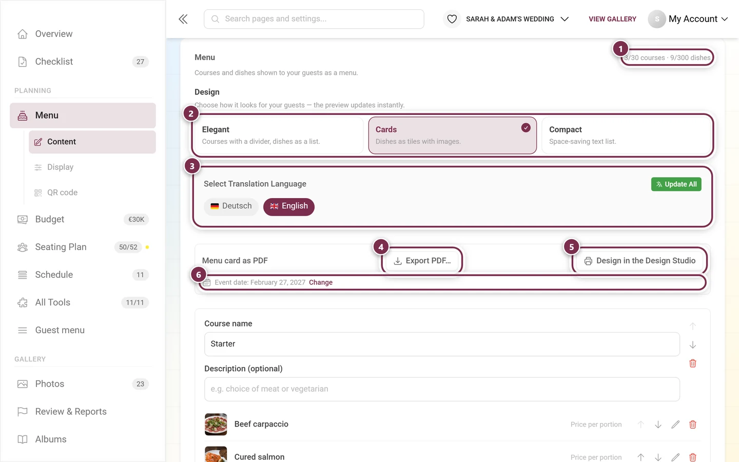 Head of the Content tab with the counter, the three design tiles, the language picker and the export buttons