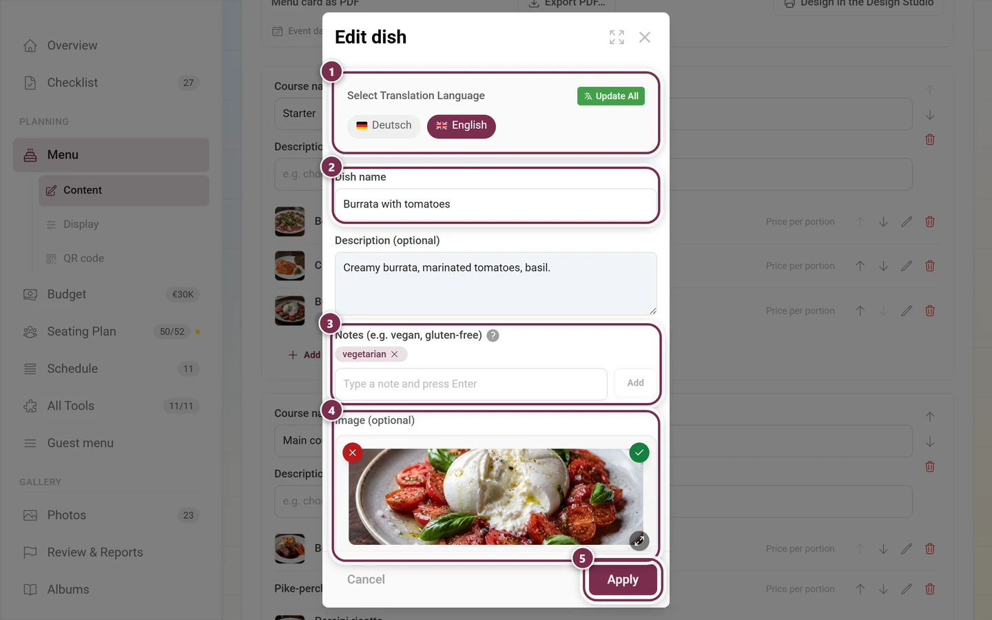 Edit dish dialog with language choice, name, description, the vegetarian chip and a photo in the image field