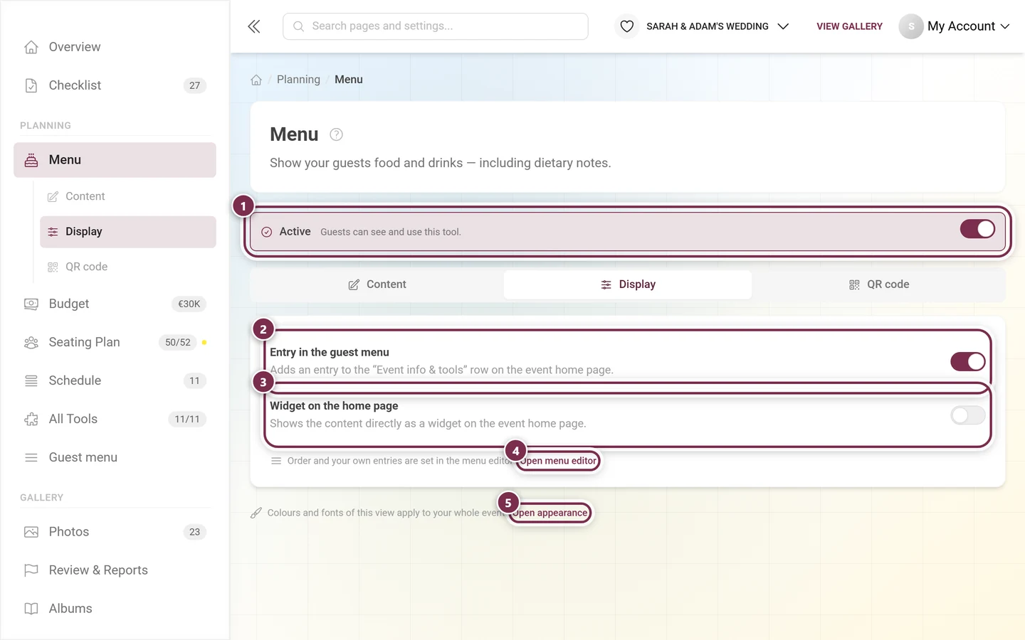 Display tab of the menu tool with the Active switch, Entry in the guest menu and Widget on the home page