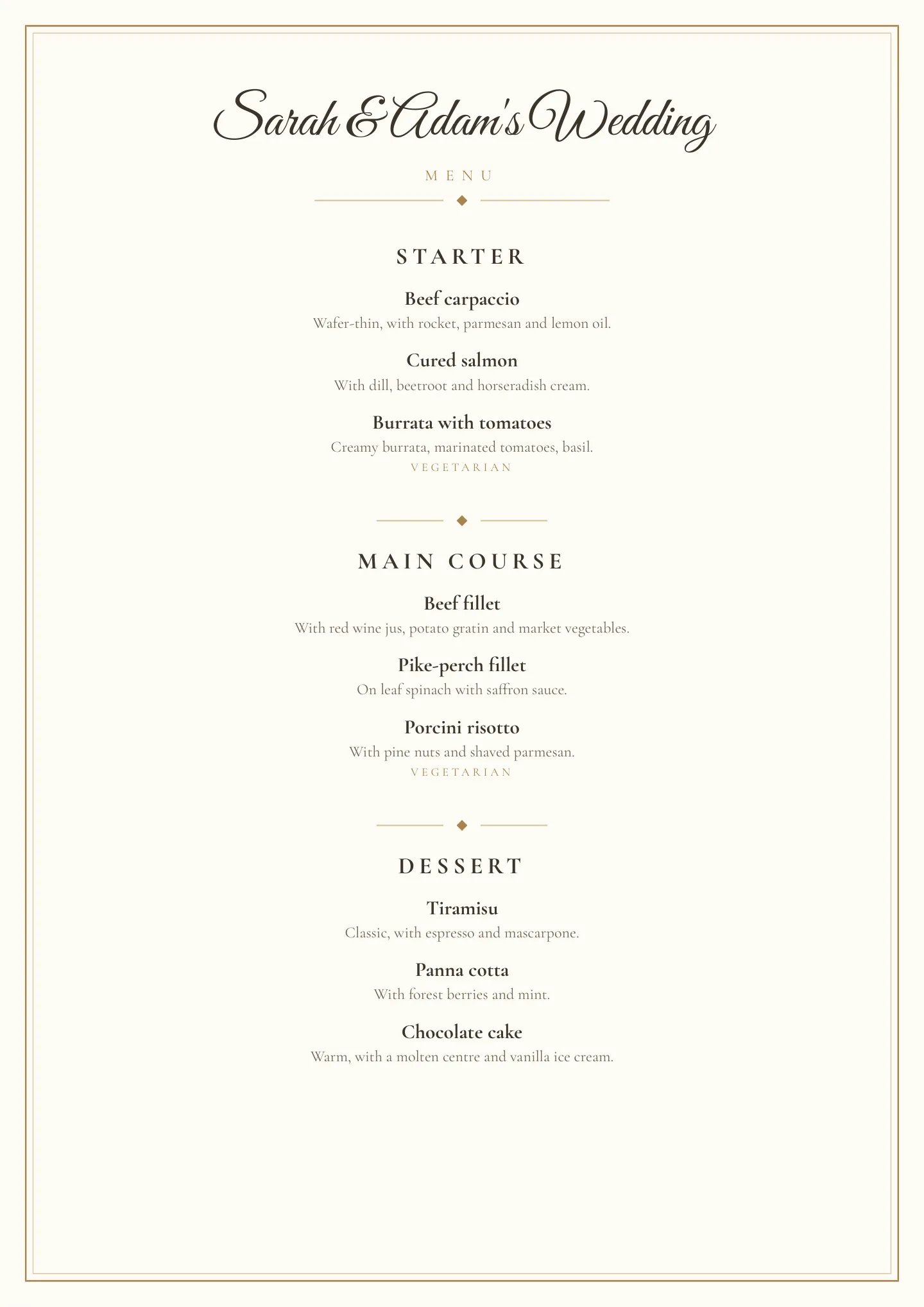The finished menu card as a PDF in the Gold & Ivory style with the courses Starter, Main course and Dessert