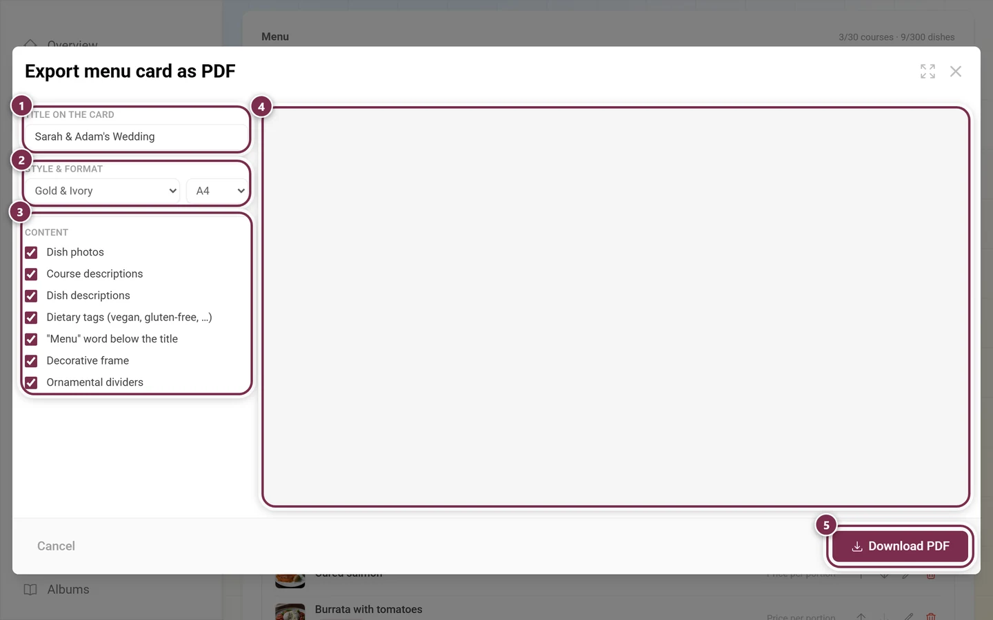 Export menu card as PDF dialog with the settings on the left and the live preview on the right