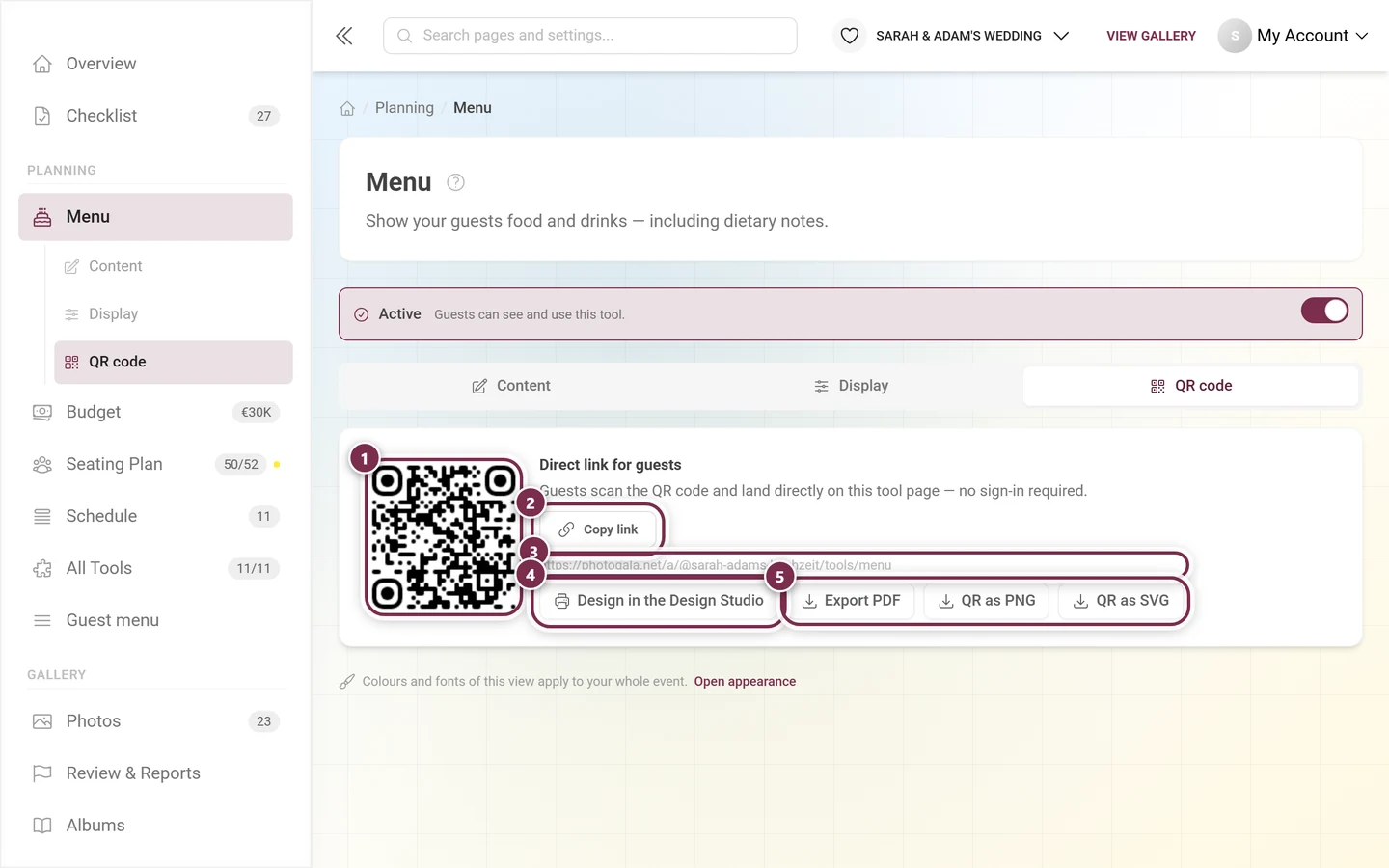 QR code tab of the menu tool with the QR code, the direct link and the buttons Copy link, Design in the Design Studio, Export PDF, QR as PNG and QR as SVG