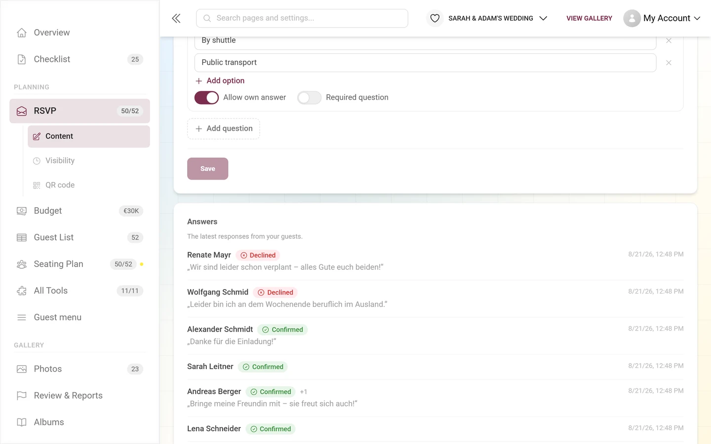The Responses section with the incoming accepts and declines
