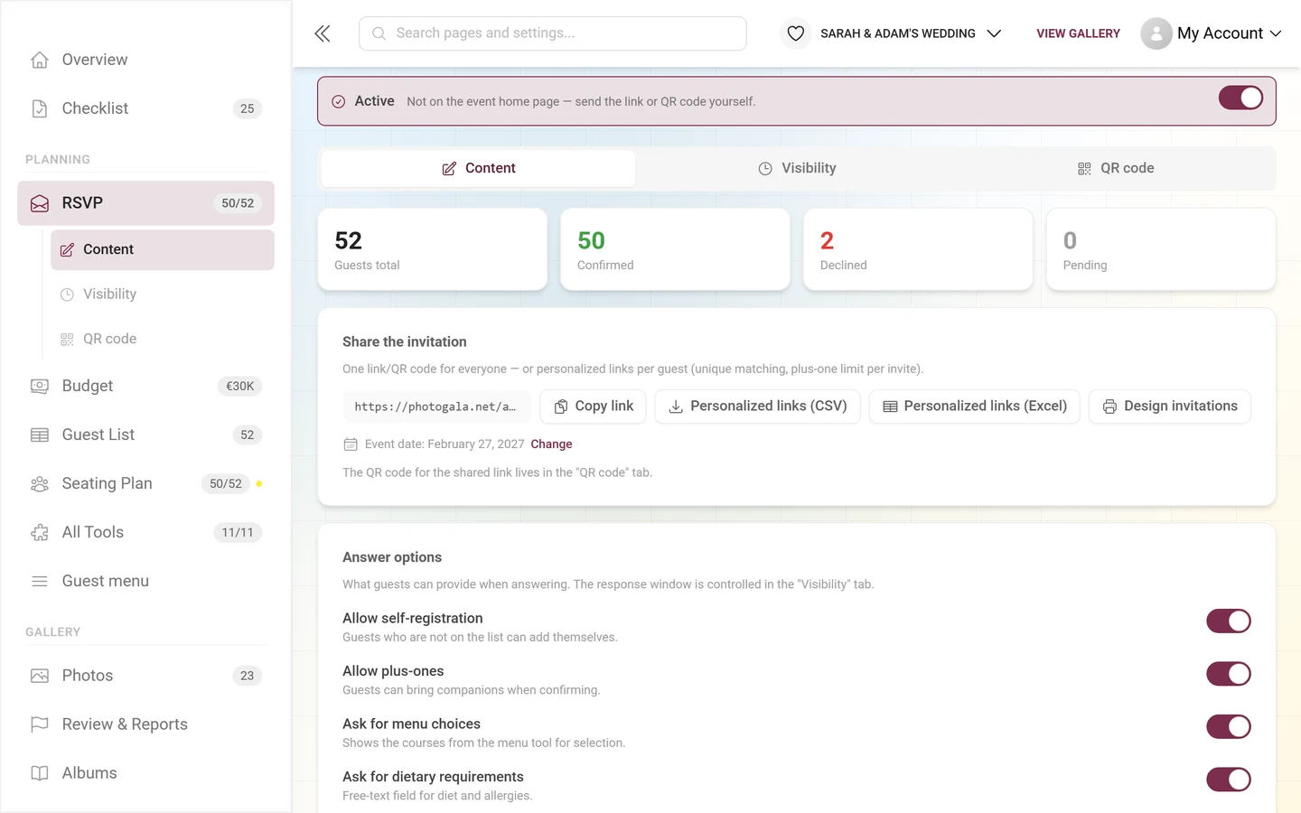 Share invitation section with copy link and the CSV and Excel downloads