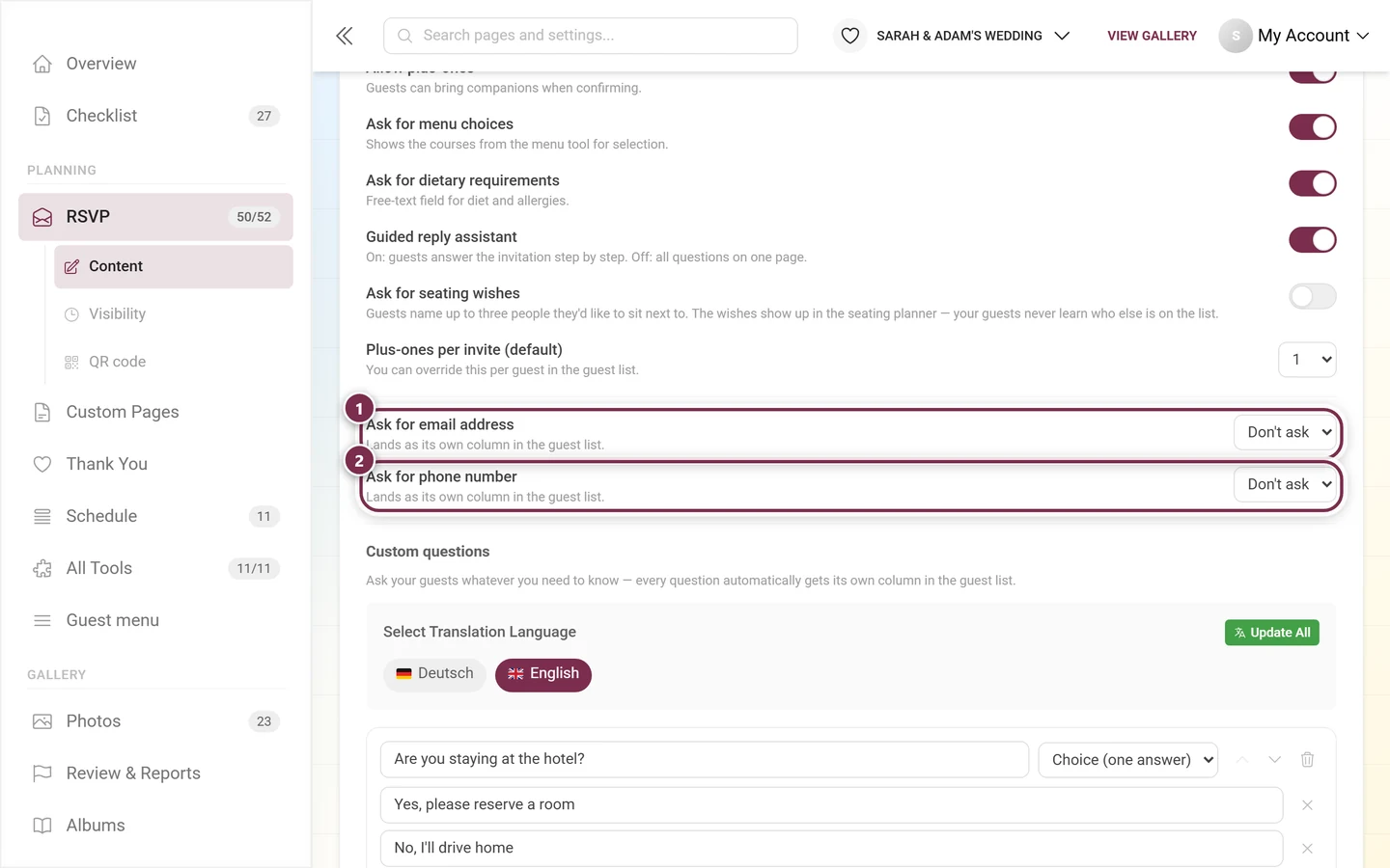 The two contact questions for email address and phone number