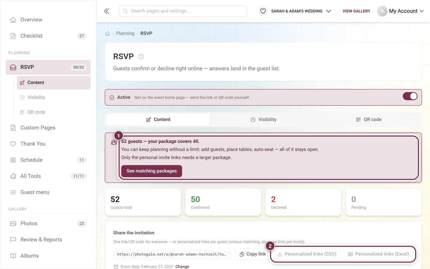 The allowance box above the editor and the greyed-out buttons for the personalized links
