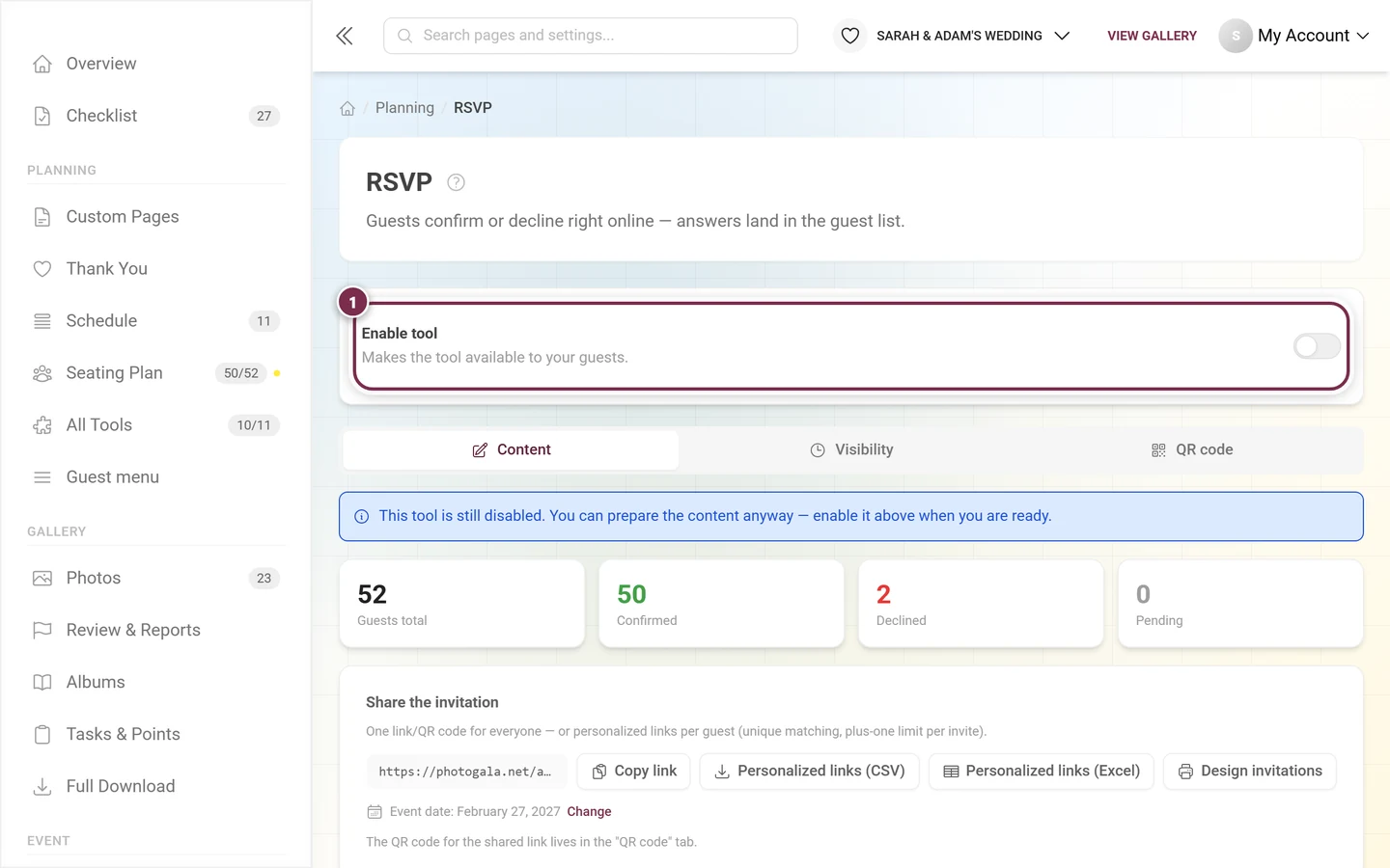 The Enable tool card in its off state with the blue hint below