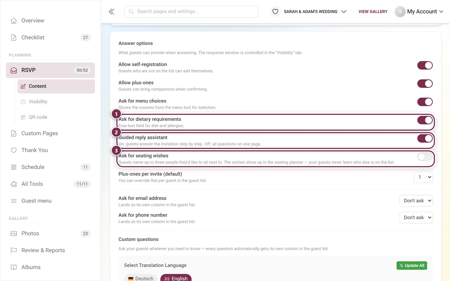 The next three answer options: dietary requirements, reply assistant and seating wishes