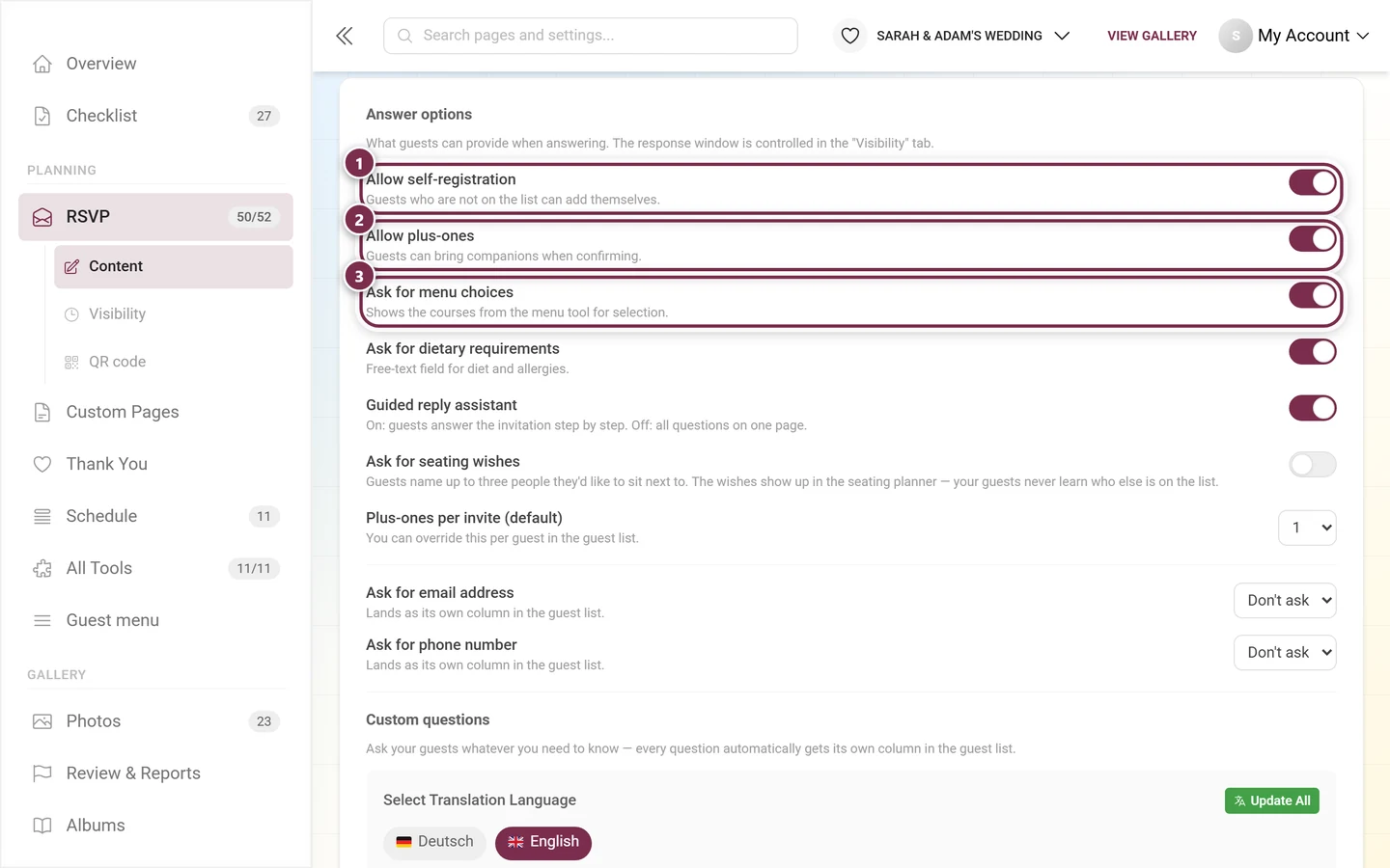 The first three answer options: self-registration, plus-ones and menu choices