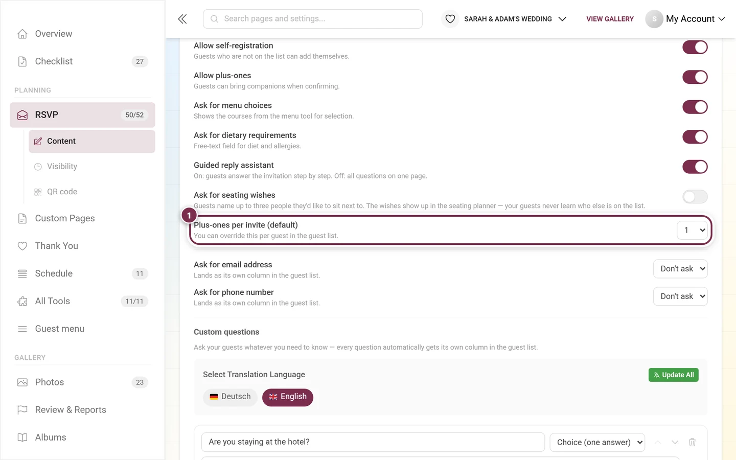 The Plus-ones per invite (default) dropdown
