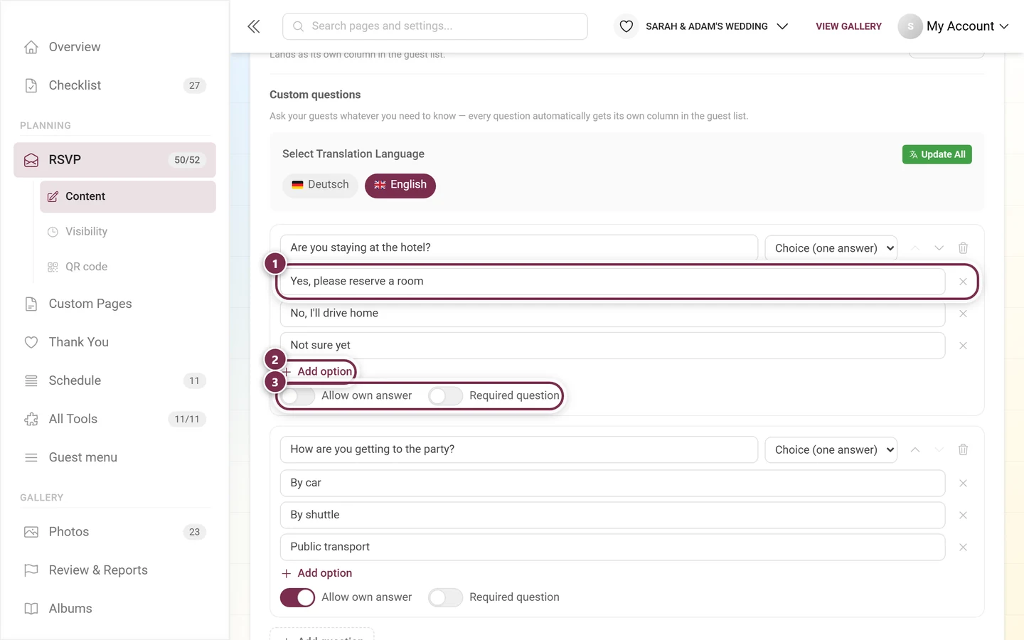 Answer options of a choice question with Add option and the two switches