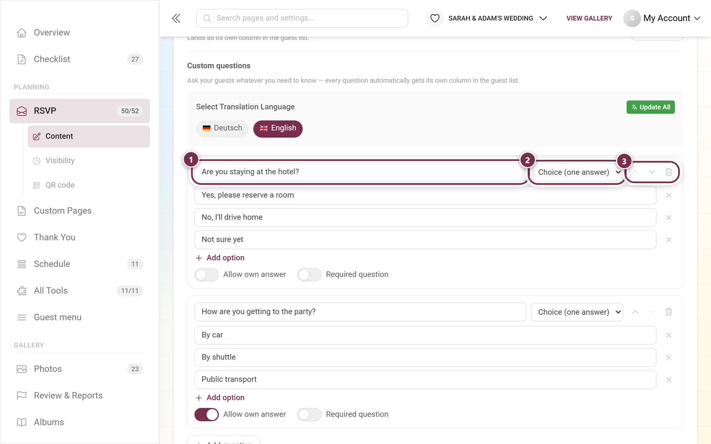 Anatomy of a custom question: text field, question type and the three tool icons