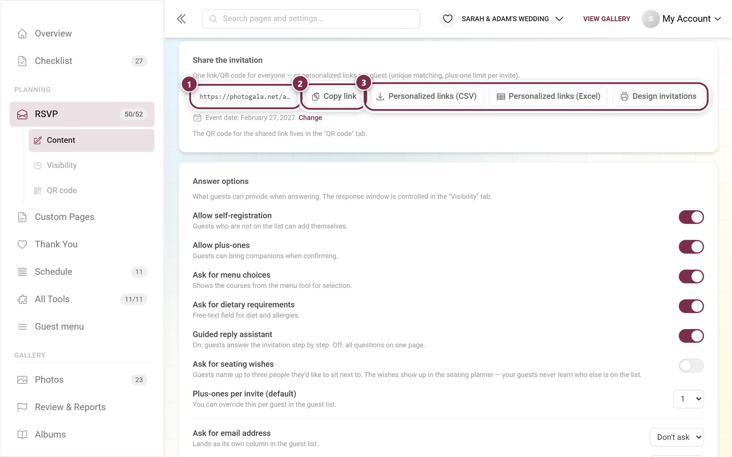 The Share the invitation section with address, Copy link and the three delivery buttons