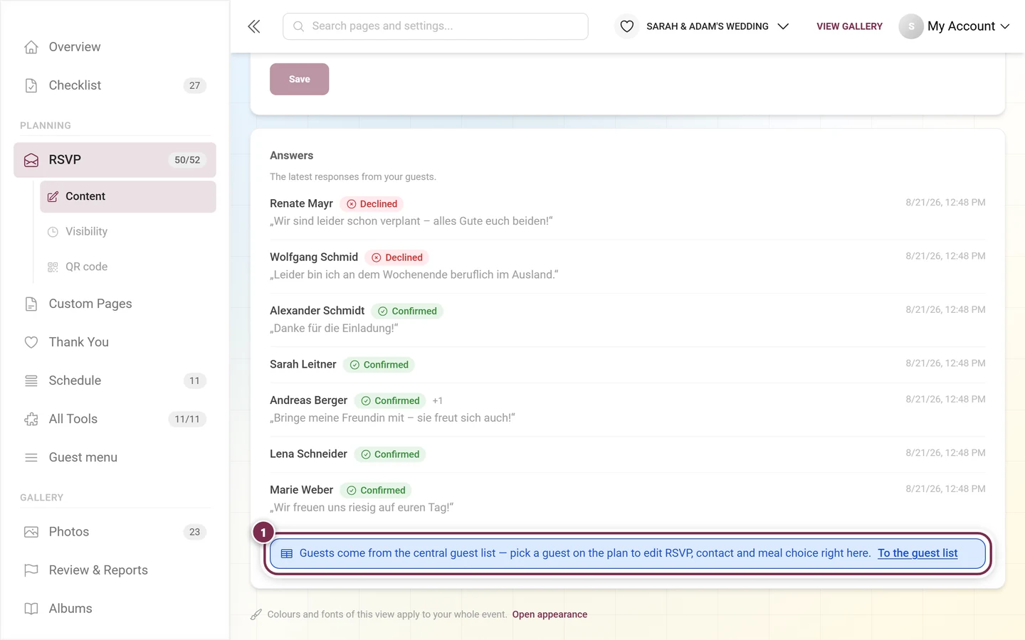 The hint box below the answer list with the To the guest list button