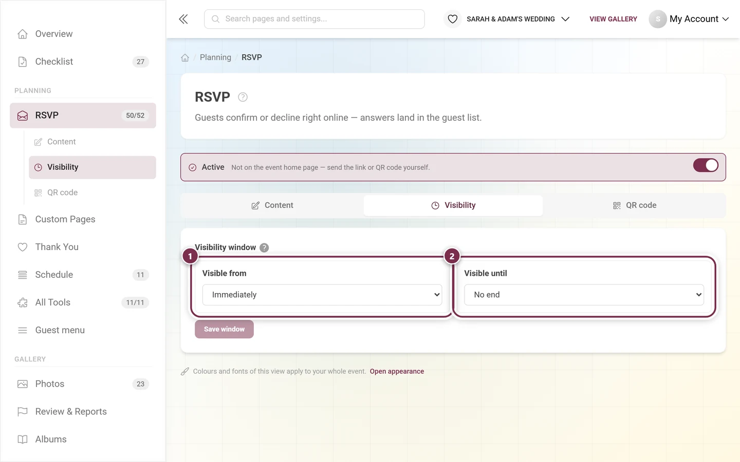 The Visibility tab with Visible from and Visible until