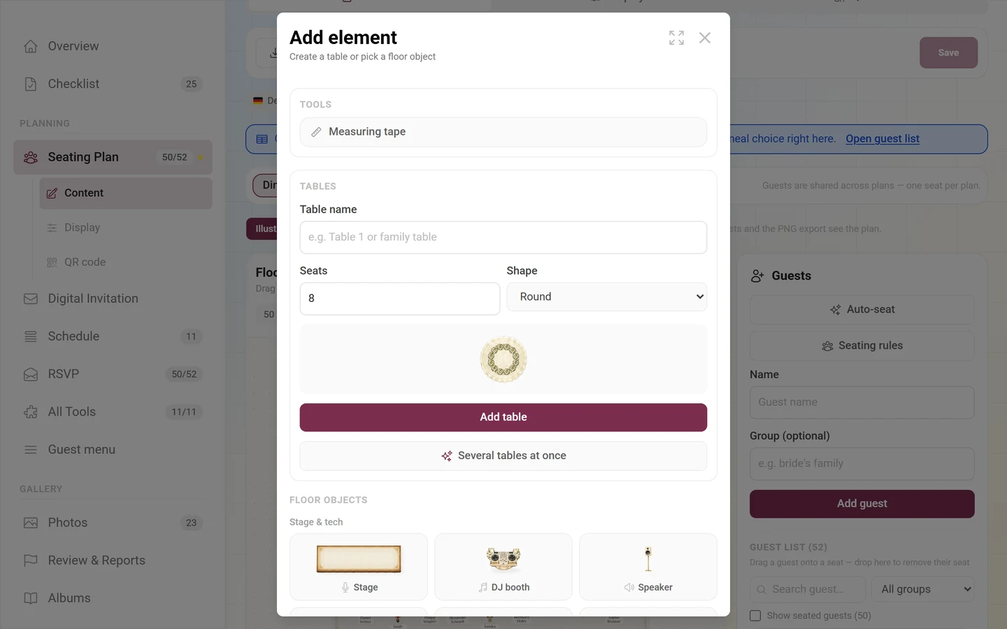Add element dialog with the table form and the room objects