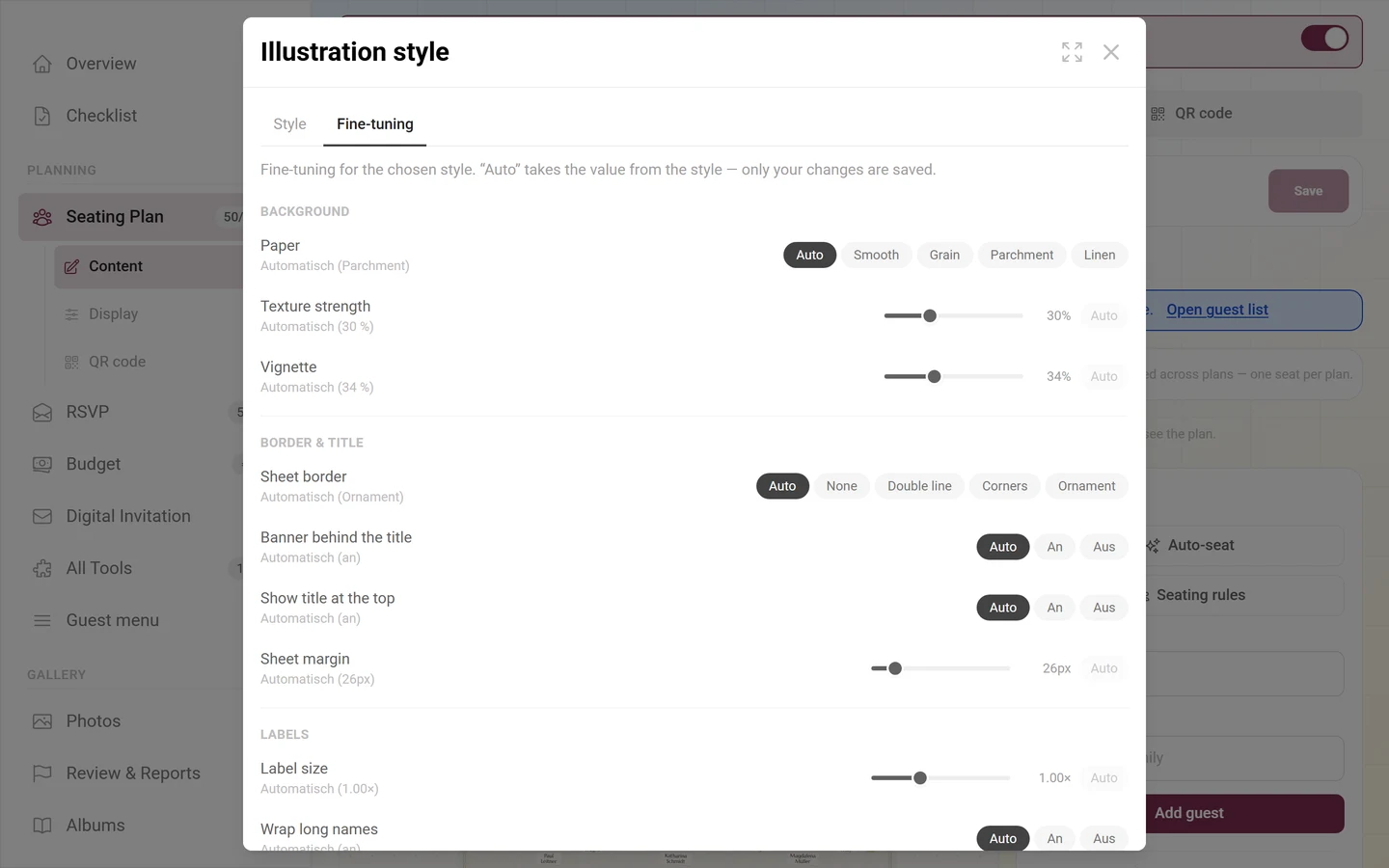 Fine-tuning tab with the groups Background, Border and title and Labels