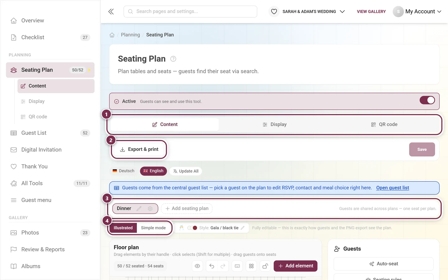 Top of the seating plan editor with tabs, export button, plan picker and view switch highlighted