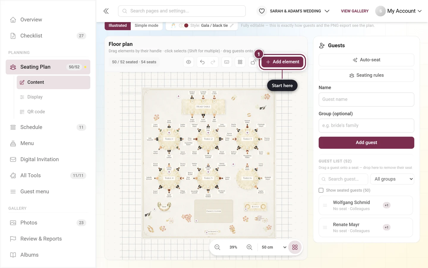Toolbar of the seating editor with the Add element button highlighted in red