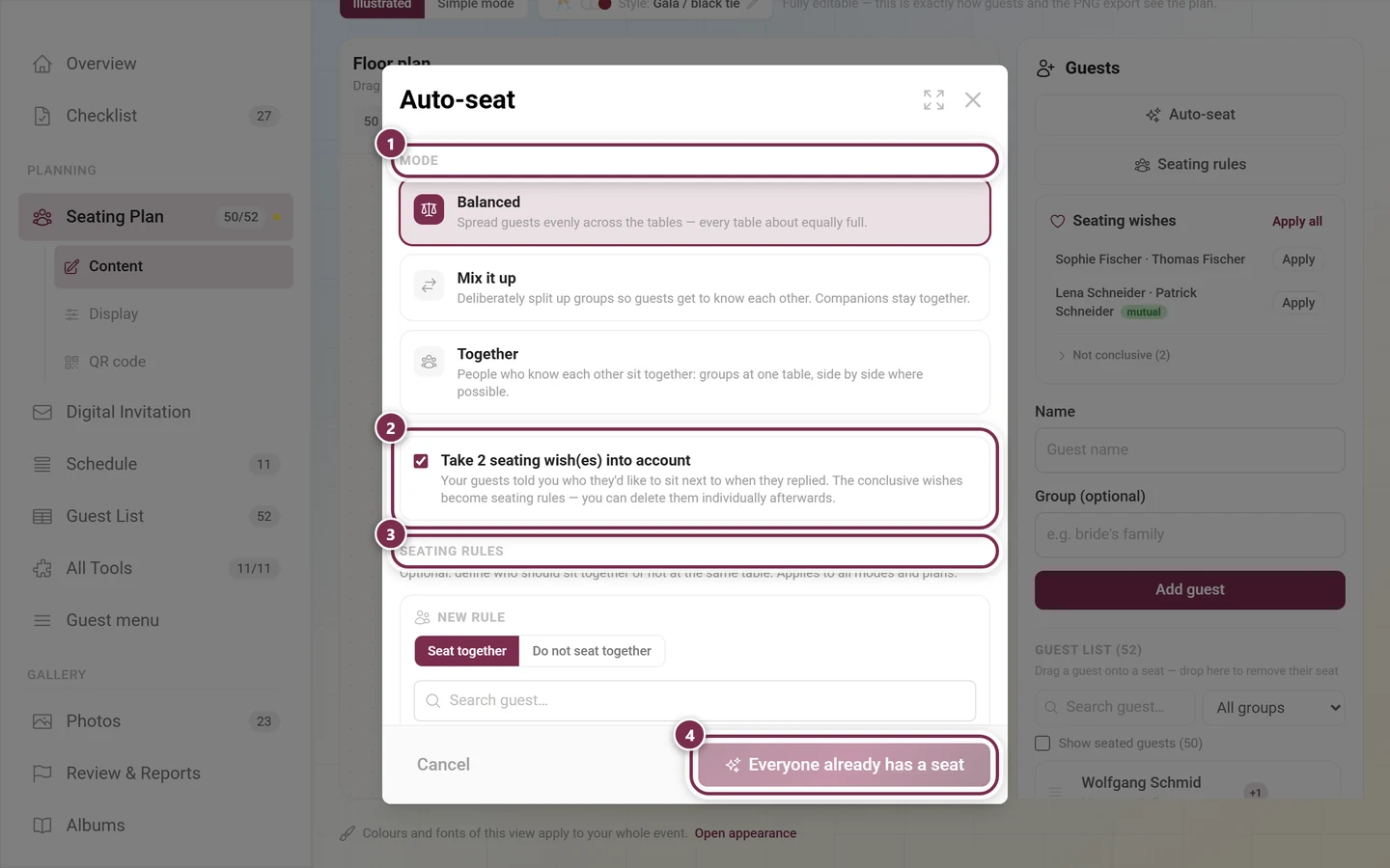 Auto-seat dialog with the mode section, the wish option, the seating rules section and the disabled button Everyone already has a seat highlighted
