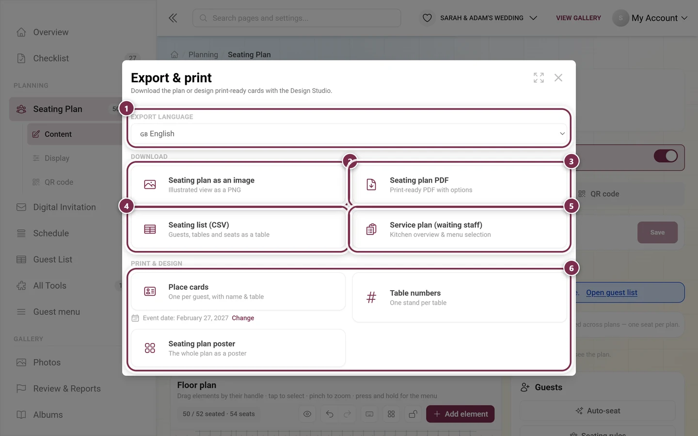 Export and print dialog with the language picker, the four download cards and the print and design section highlighted