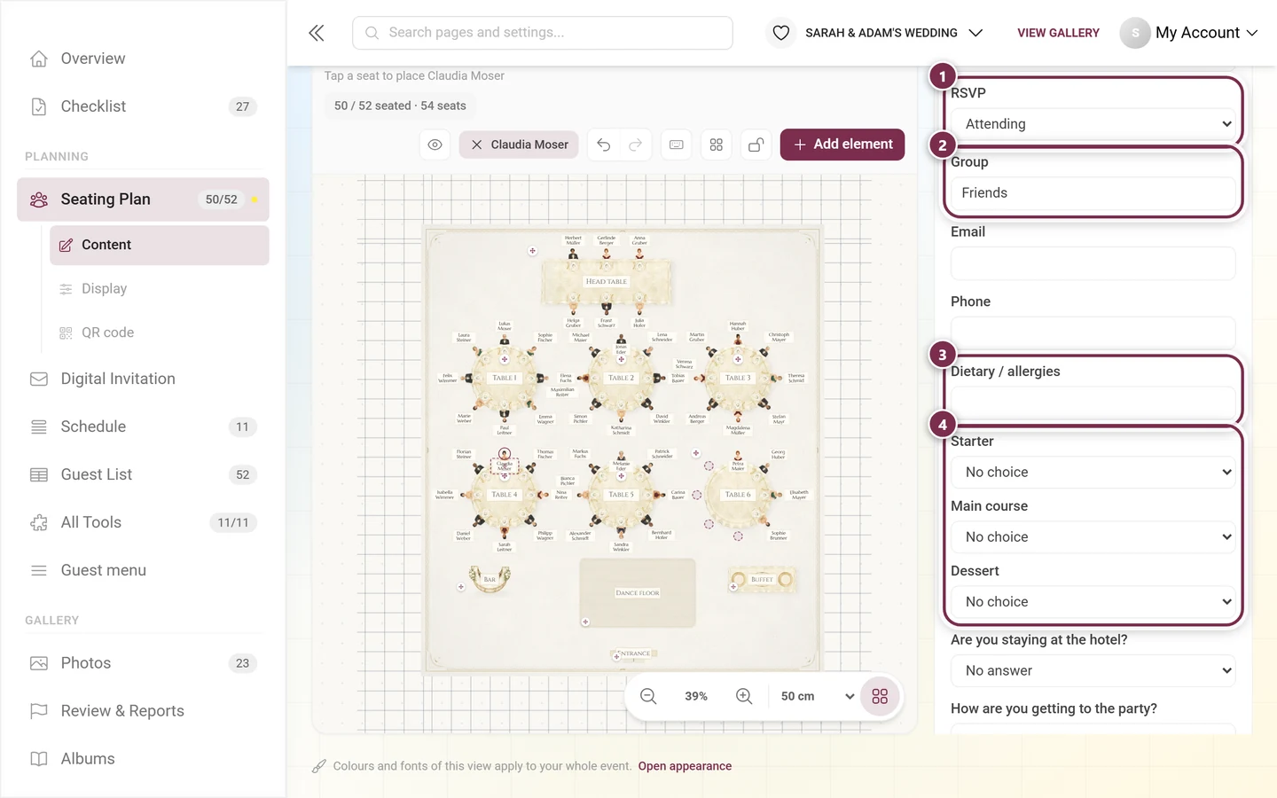 Unfolded guest details card in the seating panel with the RSVP field, group, dietary needs and the three menu courses highlighted