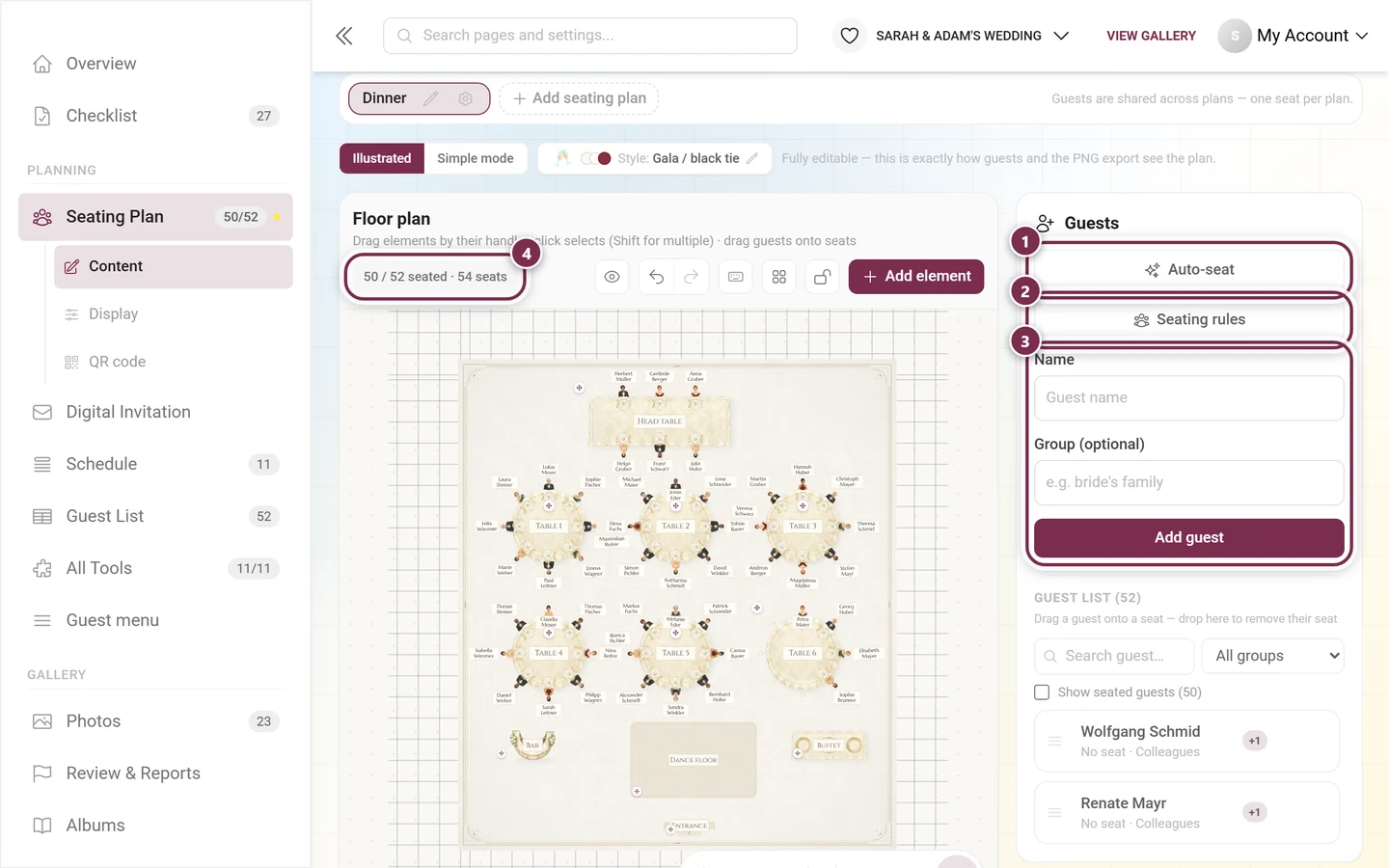 Guest panel with the Auto-seat and Seating rules buttons highlighted, the form for new guests and the progress chip above the plan