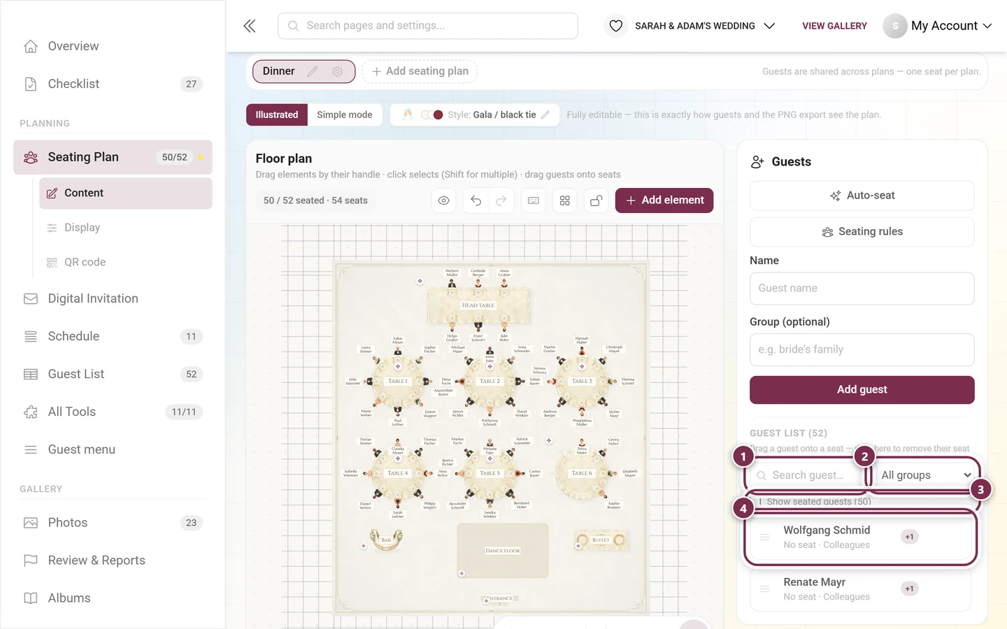 Guest panel with the search, group filter, the checkbox for seated guests and one guest row without a seat highlighted