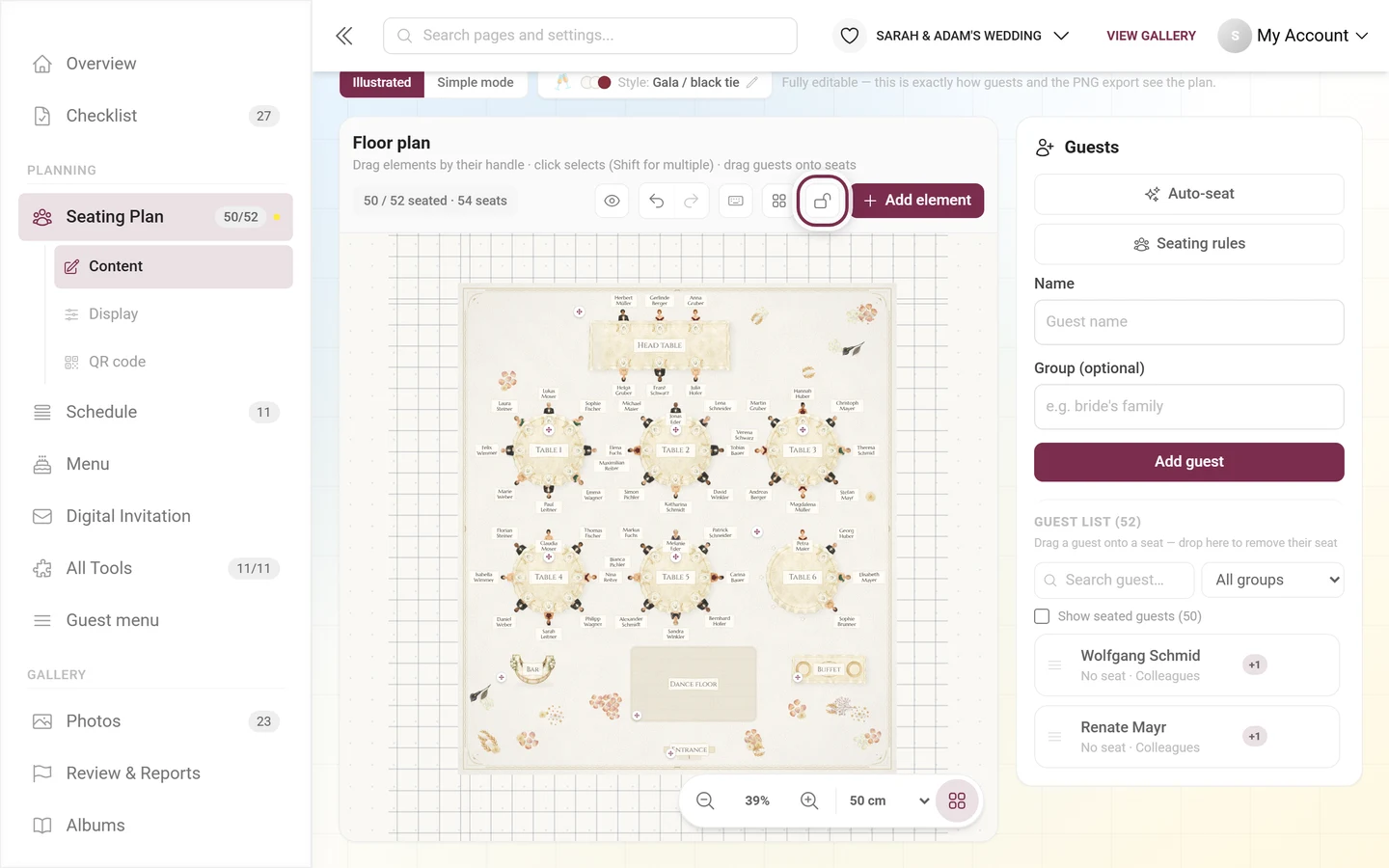 Toolbar of the seating editor with the Lock layout button highlighted in red