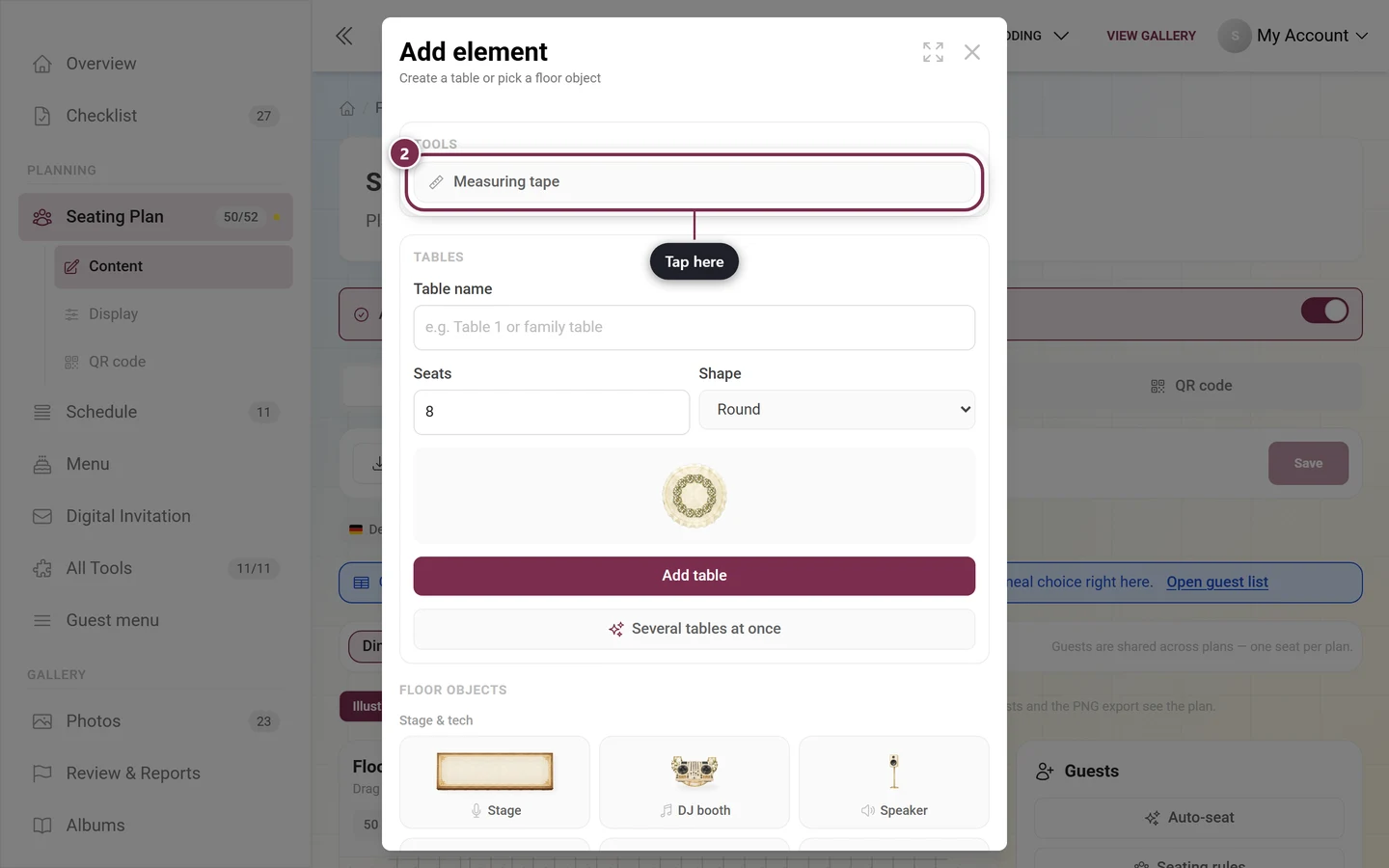 Add element dialog with the Measuring tape button in the Tools section highlighted in red