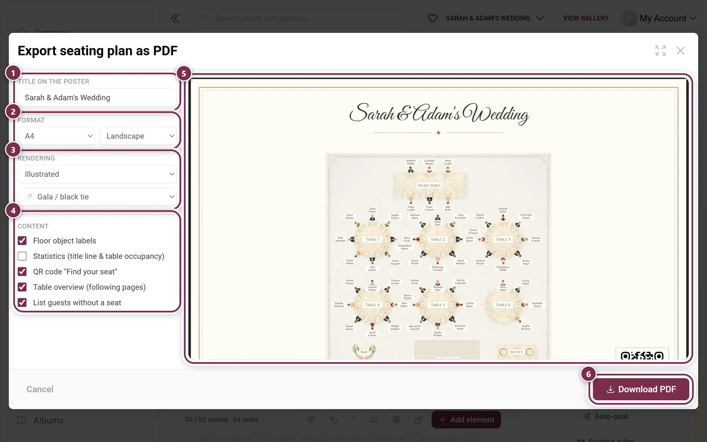 Export seating plan as PDF dialog with the title field, format, rendering, content, live preview and download button highlighted