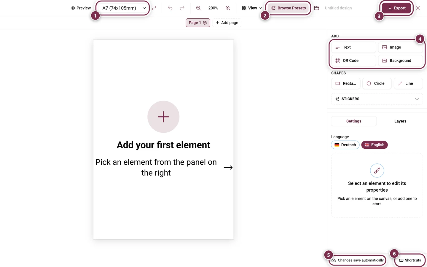 Design Studio with an empty place card, the paper size, Browse Presets, Export, the element panel, the autosave hint and the Shortcuts button highlighted