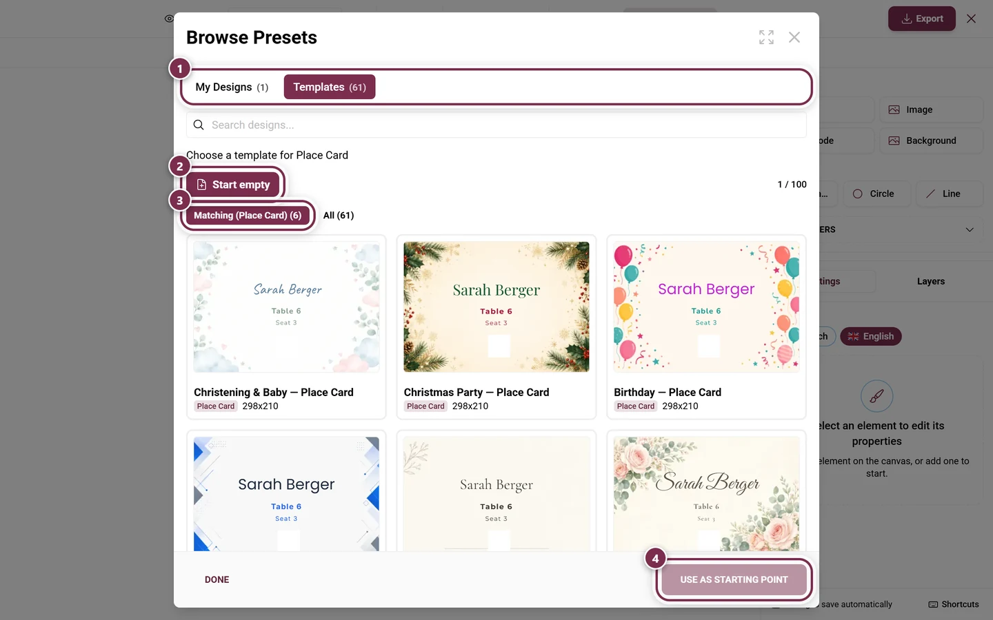 Design Studio preset browser with the My Designs and Templates tabs, the Start empty button, the Matching filter and the Use as starting point button
