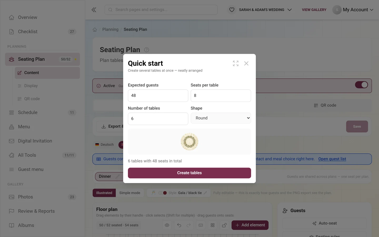 Quick start dialog with the fields Expected guests, Seats per table and Number of tables