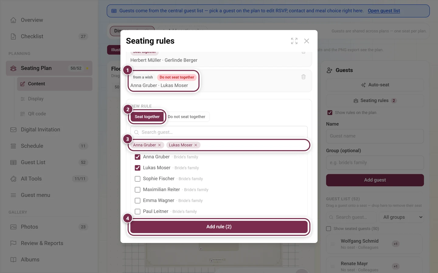 Seating rules dialog with an existing rule from a wish, the type switch, the name chips of the selected guests and the Add rule button
