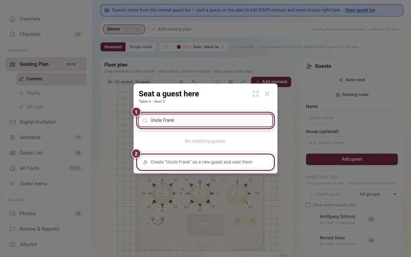 Seat dialog with the typed name Onkel Franz and the card for creating a new guest