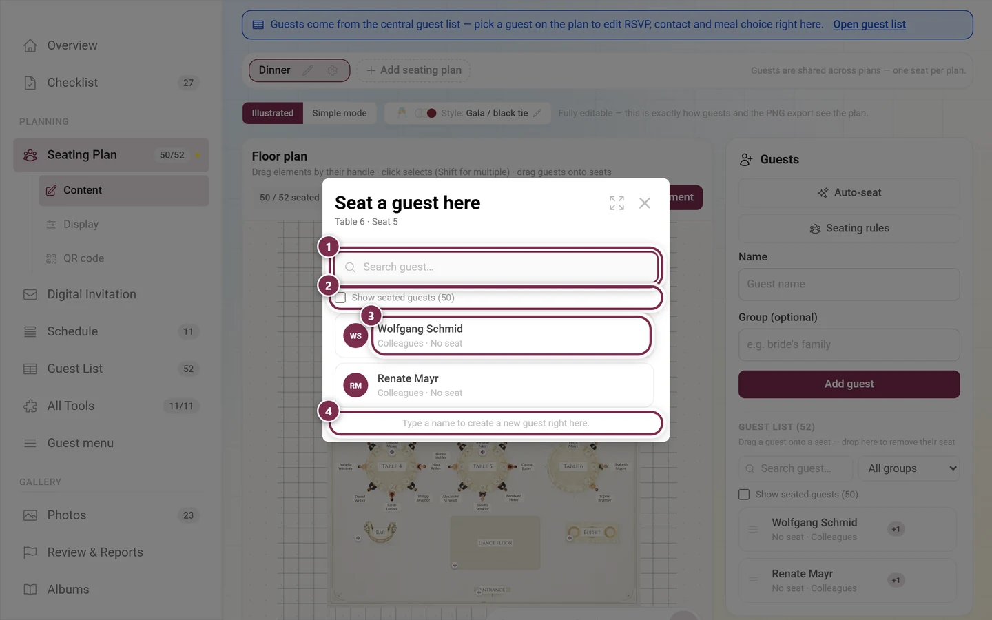 Seat a guest here dialog with the search field, the checkbox for seated guests, one guest row and the hint about creating new guests highlighted